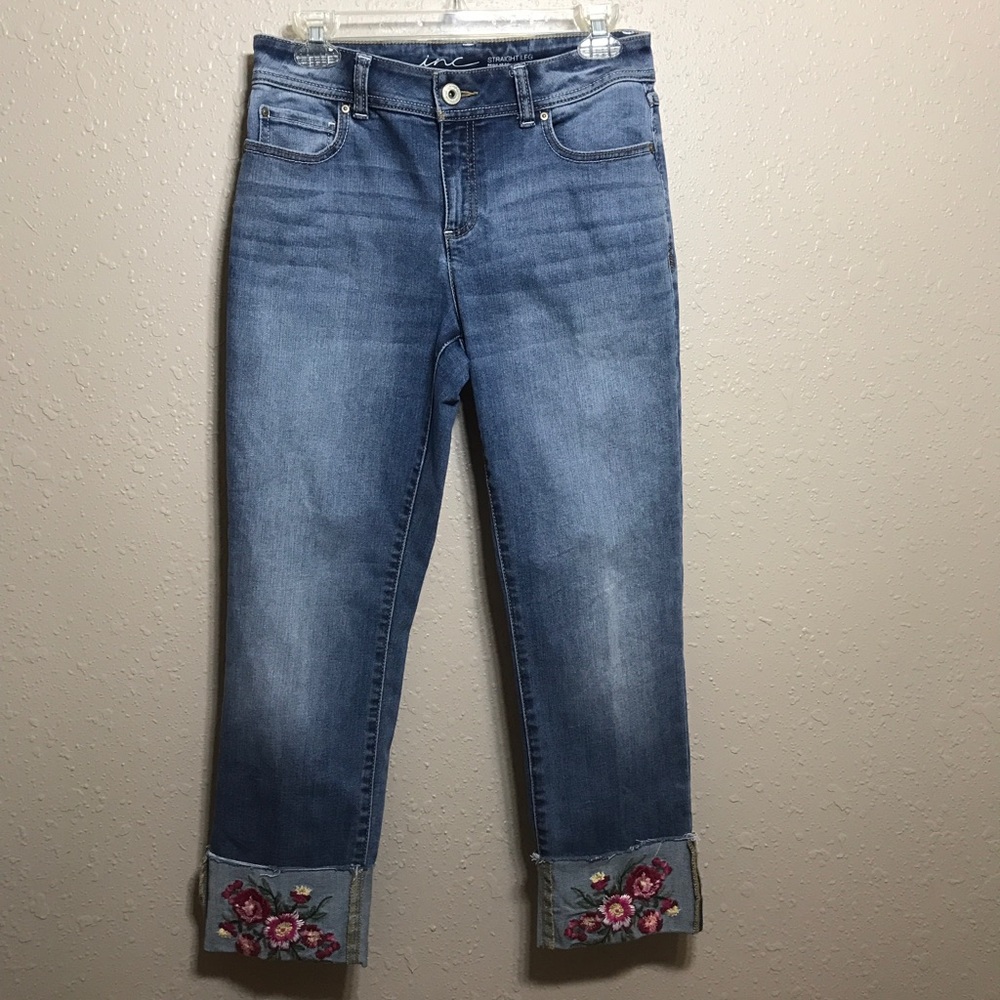 INC Denim Women’s Embroidered Cuff Stretch Crop Capri Jeans Straight - Size 4